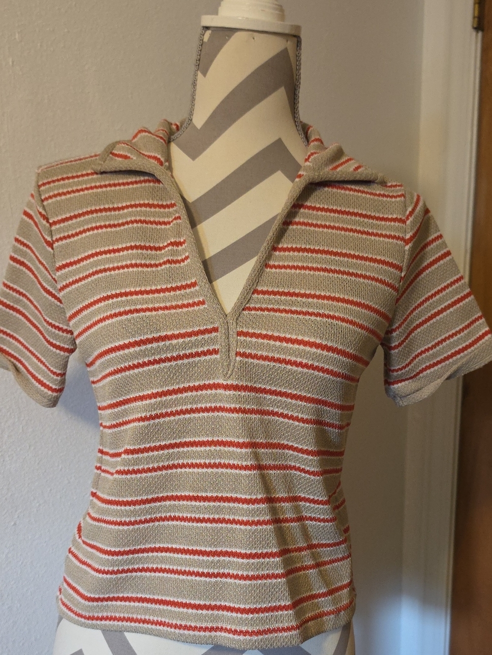 Zara Beige and Orange Striped Knit Polo Top Size Small
